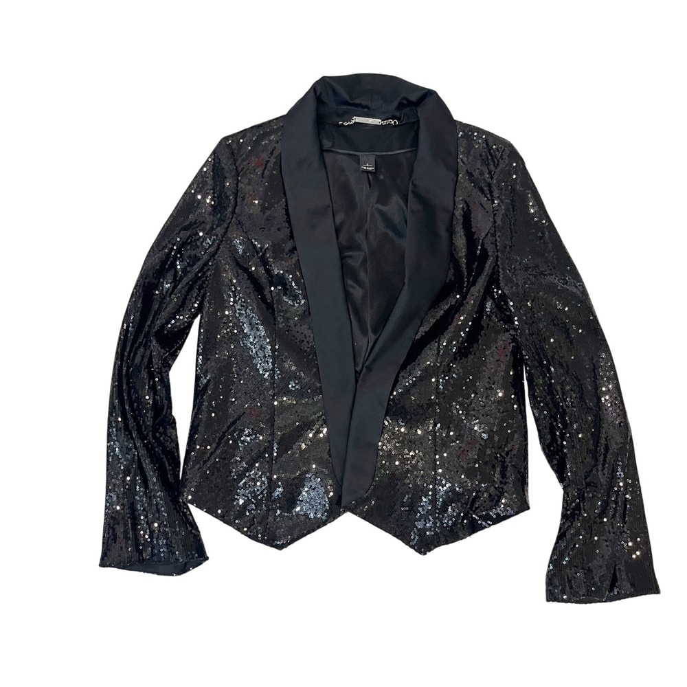 White House Black Market Black Sequin Blazer Shawl Satin Lapel Jacket Size Large
